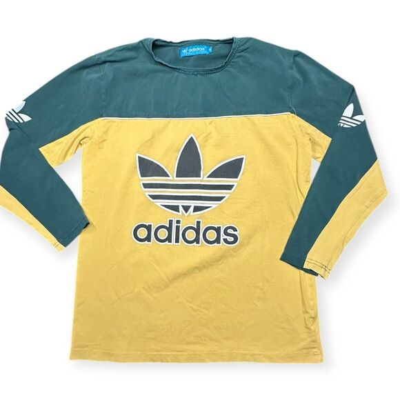 VINTAGE ADIDAS Men’s Green & Mustard Yellow Long Sleeve Trefoil Logo Tee Size XL - Picture 1 of 4
